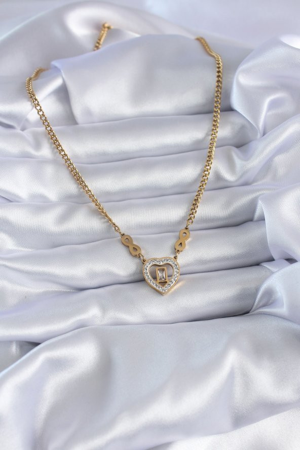 316L Çelik Gold Renk Zirkon Taşlı Kalp Model Sonsuzluk Detay Kadın Kolye - Resim 2