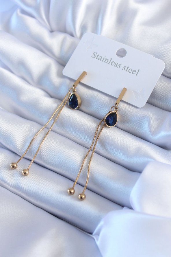 316L Çelik Gold Renk Lacivert Damla Kristal Taş Model Sallantı Detay Kadın Küpe ürün görseli