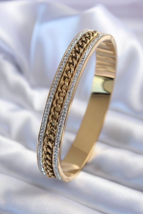 316L Çelik Gold Renk Zirkon Taşlı Zincir İşleme Kadın Kelepçe ürün görseli