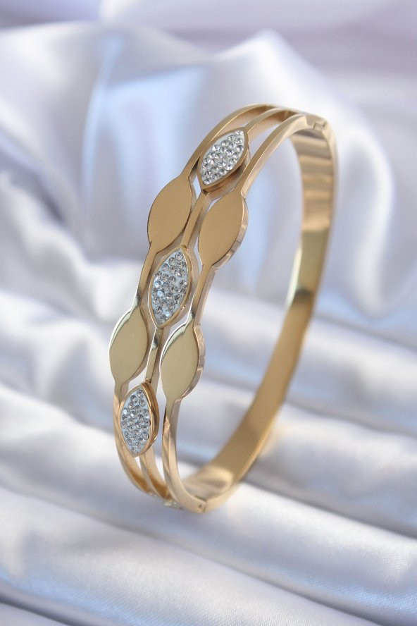 316L Çelik Gold Renk Arpa Model Zirkon Taş Detay Kadın Kelepçe Bileklik ürün görseli