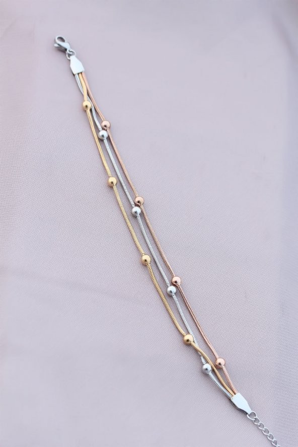 316L Kararmaz Çelik Gümüş Renk Top Zincirli Kadın Bileklik - Resim 2