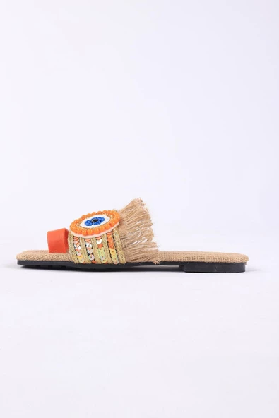 Clesse Turuncu Renkli Hasır Taşlı Terlik - 4