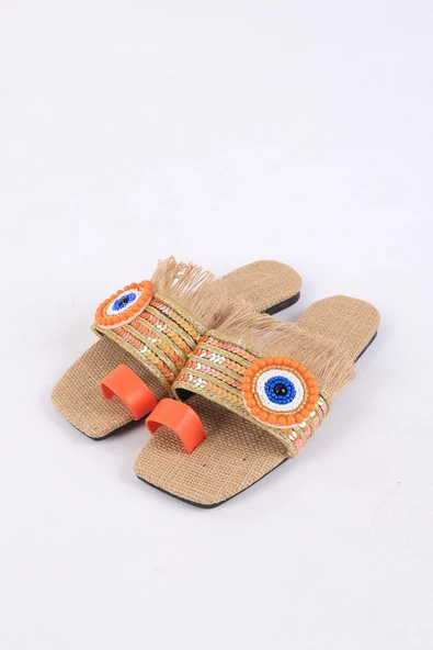 Clesse Turuncu Renkli Hasır Taşlı Terlik - 3