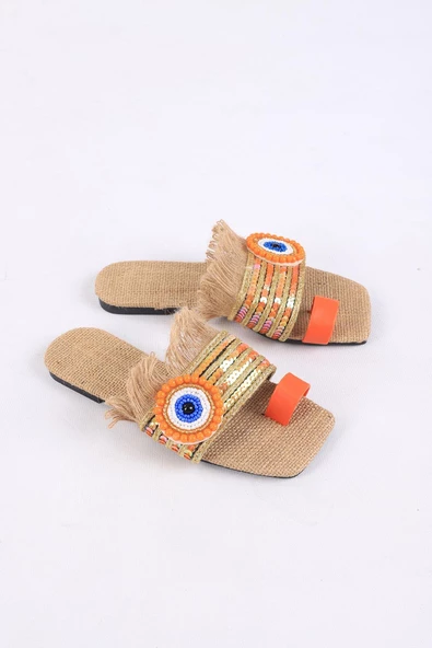 Clesse Turuncu Renkli Hasır Taşlı Terlik - 2