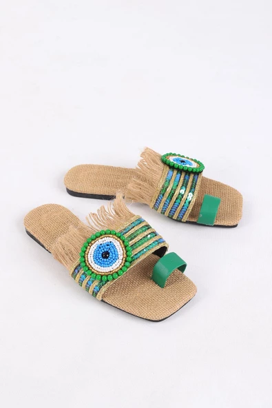 Clesse Yeşil Renkli Hasır Taşlı Terlik - 2