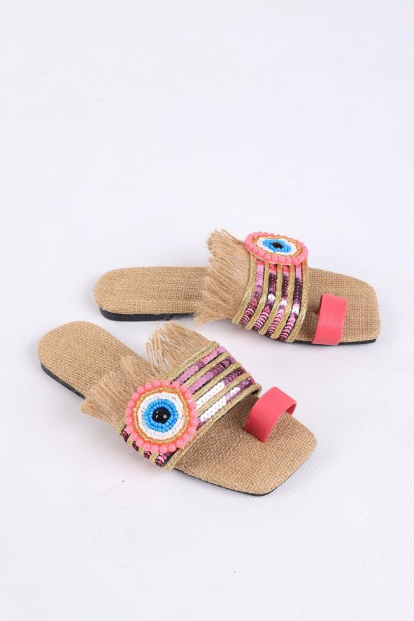 Clesse Pembe Renkli Hasır Taşlı Terlik - 2