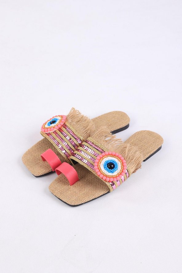 Clesse Pembe Renkli Hasır Taşlı Terlik - 3