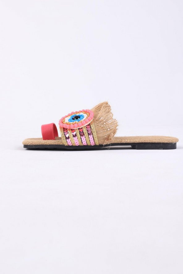 Clesse Pembe Renkli Hasır Taşlı Terlik - 4