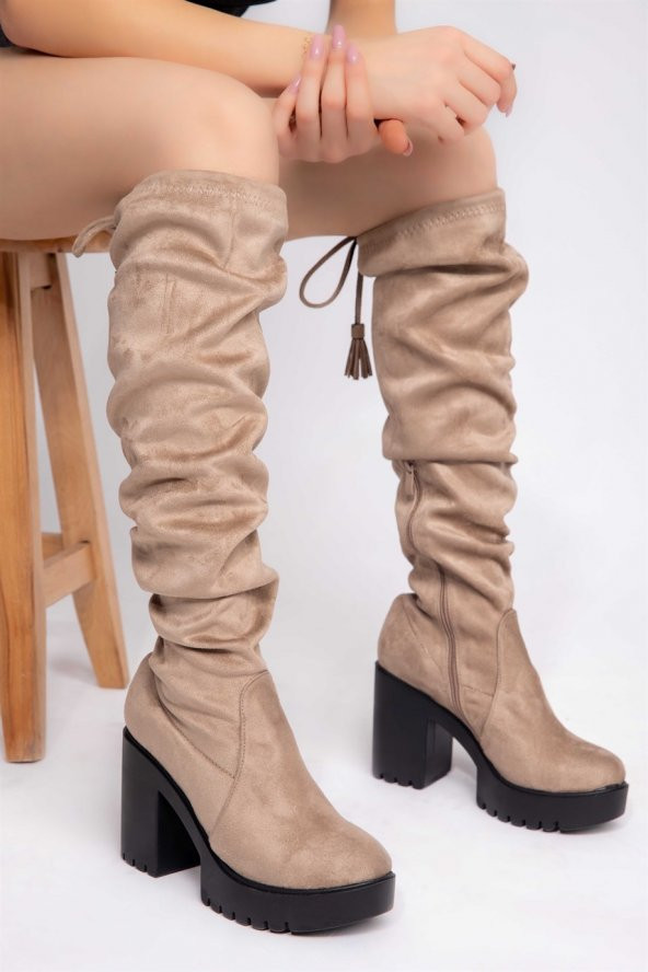 İnolyan Bej Renkli Süet Deri Uzun Çizme - 2