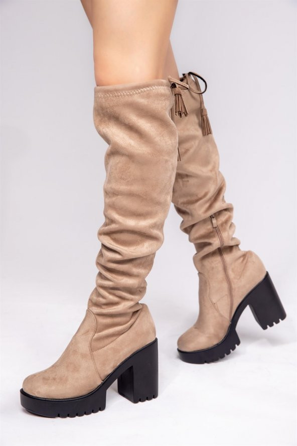 İnolyan Bej Renkli Süet Deri Uzun Çizme - 4