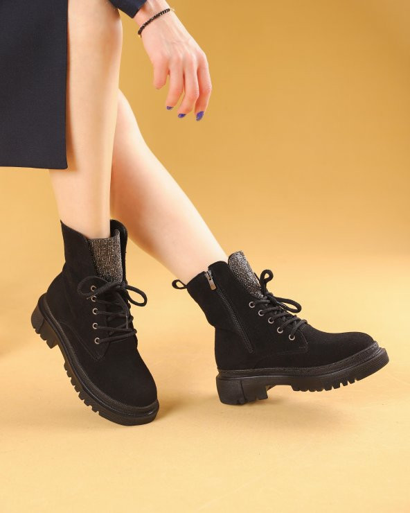 Zalaria Siyah Süet Deri Taşlı Kadın Kışlık Bot - 7