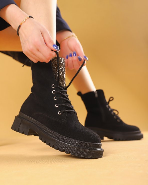 Zalaria Siyah Süet Deri Taşlı Kadın Kışlık Bot - 6