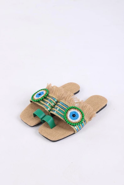 Clesse Yeşil Renkli Hasır Taşlı Terlik - 3