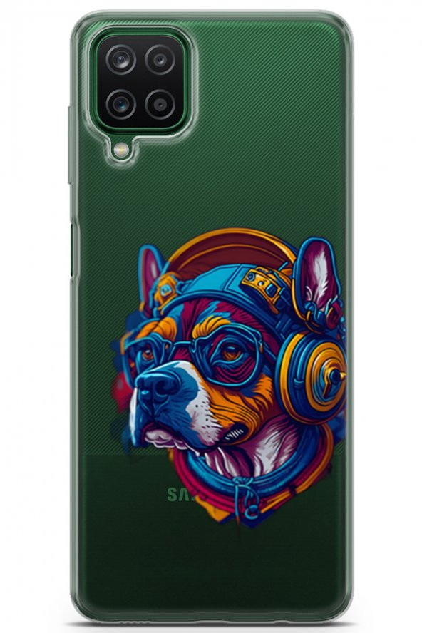 Samsung Galaxy A12 Kılıf Seri Others 24 Kulaklıklı Köpek Şeffaf Darbe Emici Kılıf