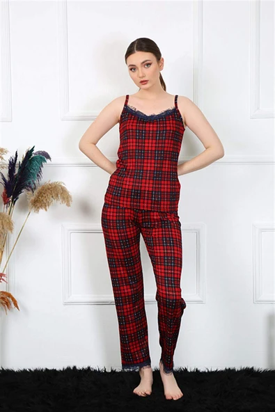 Kadın İp Askılı Kırmızı Ekoseli Pijama Takım 4135