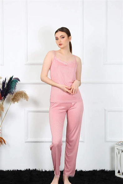 Kadın İp Askılı Somon Pijama Takım 4136