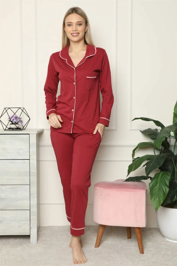 Kadın 100 Pamuk Penye Önden Düğmeli Uzun Kol Pijama Takım 2716
