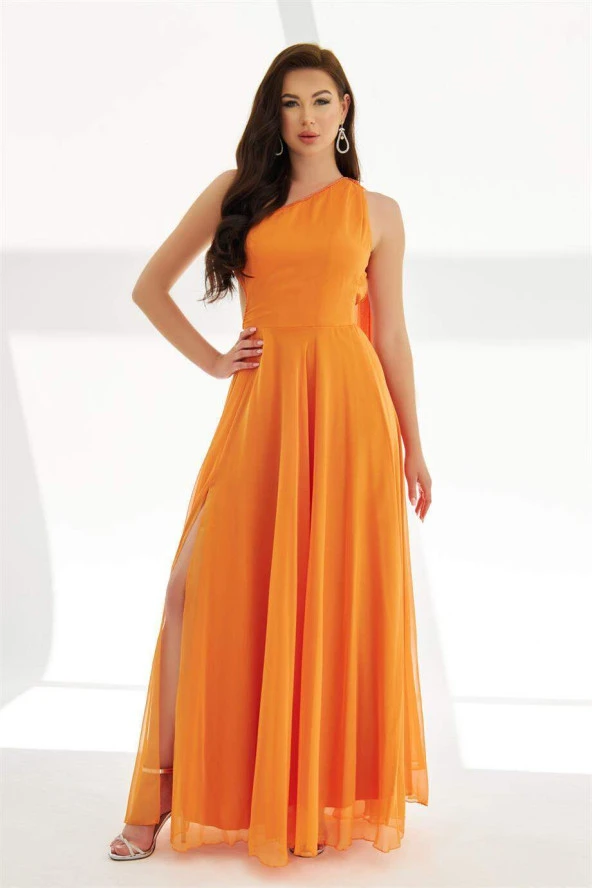 Orange Şifon Pelerinli Sırt Dekolteli Uzun Abiye Elbise