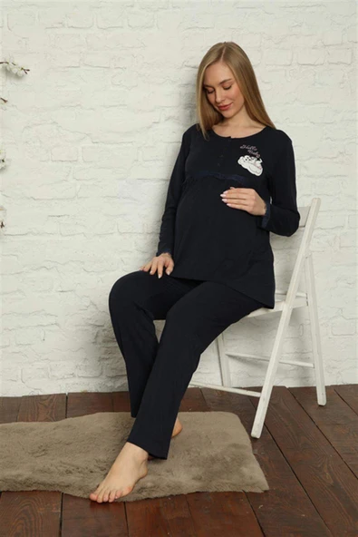 Kadın Hamile Lohusa Lacivert  Pijama Takımı 45201 - 4