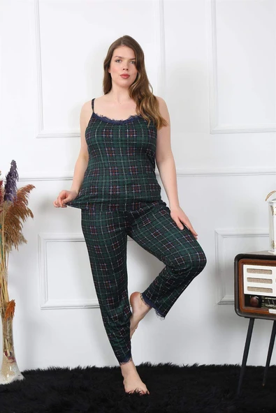 Kadın Büyük Beden Yeşil Ekoseli İp Askılı Pijama Takım 202197 - 3