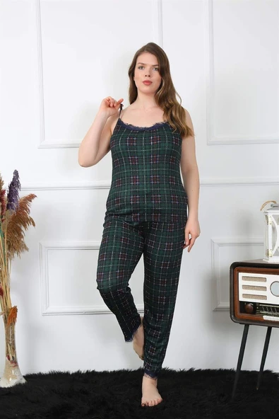 Kadın Büyük Beden Yeşil Ekoseli İp Askılı Pijama Takım 202197