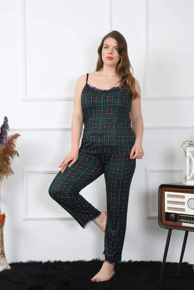 Kadın Büyük Beden Yeşil Ekoseli İp Askılı Pijama Takım 202197 - 4