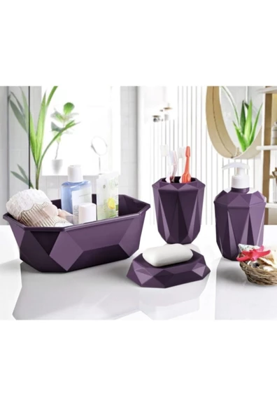 Prizma 4'lü Banyo Seti  - Banyo Organizer - Banyo Dekorasyon Seti Mor Renk - 1