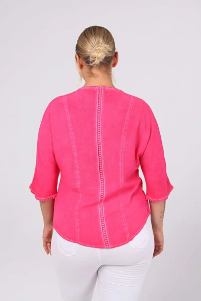 Kuplu BüyükBeden Yıkamalı Gömlek Fuşya-Pembe - 5