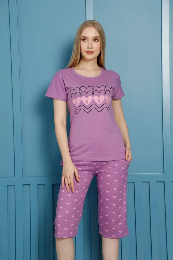 Kadın 100 Pamuk Penye Kısa Kol Kapri Pijama Takım 3558