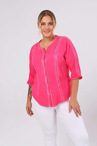 Kuplu BüyükBeden Yıkamalı Gömlek Fuşya-Pembe - 4
