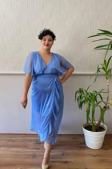Angelino Mavi Yaka Detaylı Simli Tül Büyük Beden Abiye KL8052