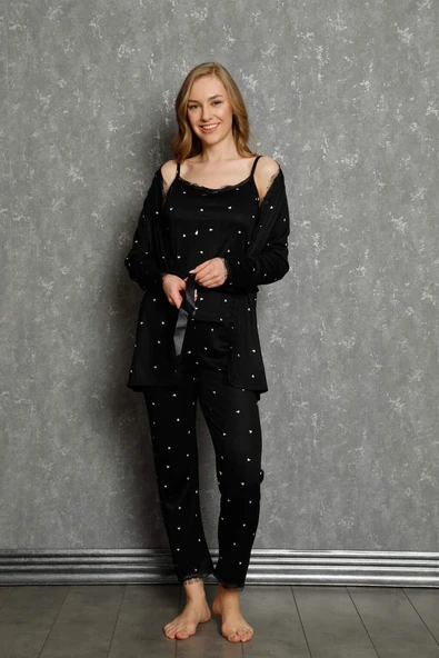 Kadın %100 Pamuk 3'lü Sabahlık Pijama Takım 16103 - 8