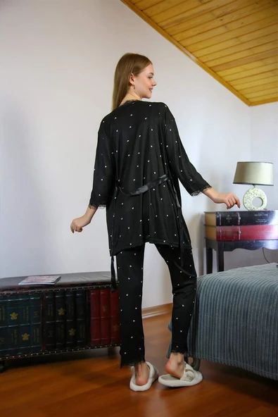 Kadın %100 Pamuk 3'lü Sabahlık Pijama Takım 16103 - 5