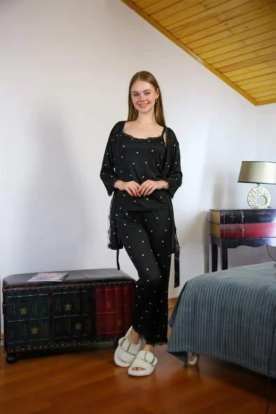 Kadın %100 Pamuk 3'lü Sabahlık Pijama Takım 16103