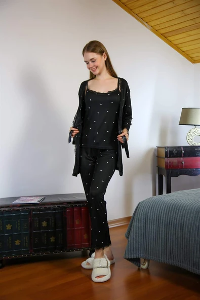 Kadın %100 Pamuk 3'lü Sabahlık Pijama Takım 16103 - 3