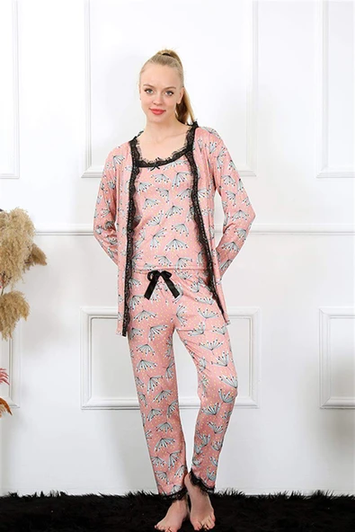 Kadın 3'lü Somon Sabahlık Pijama Takım 16103