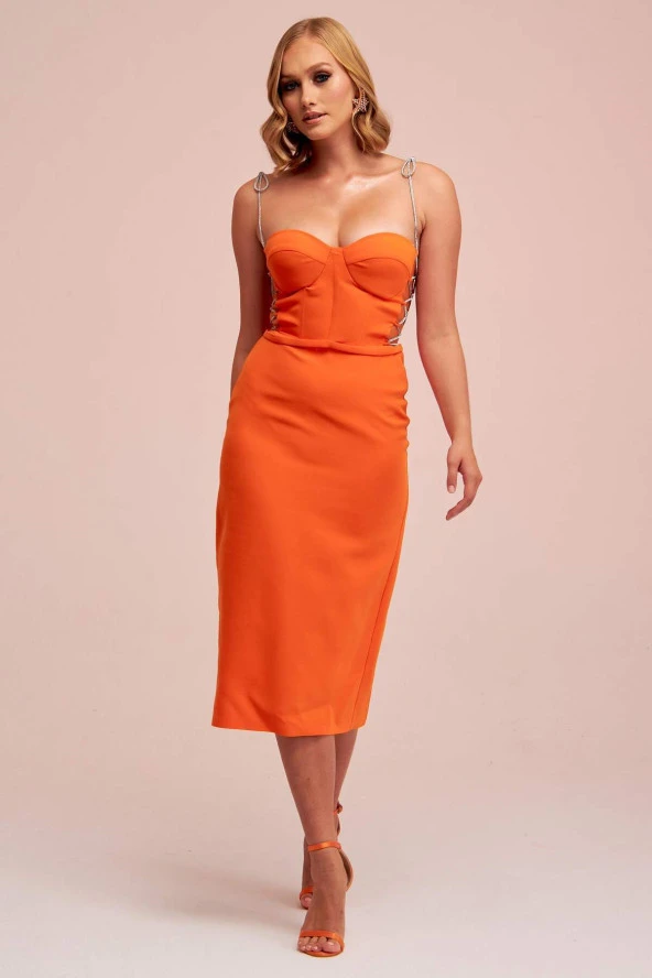 Orange Taş Bağcıklı Midi Krep Abiye Elbise