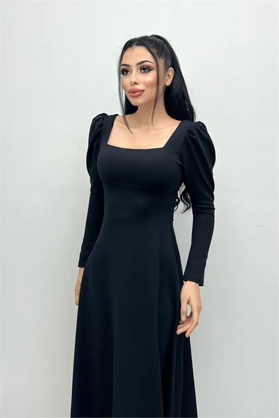 Krep Kumaş Kare Yaka Midi Elbise - SİYAH - Resim 2