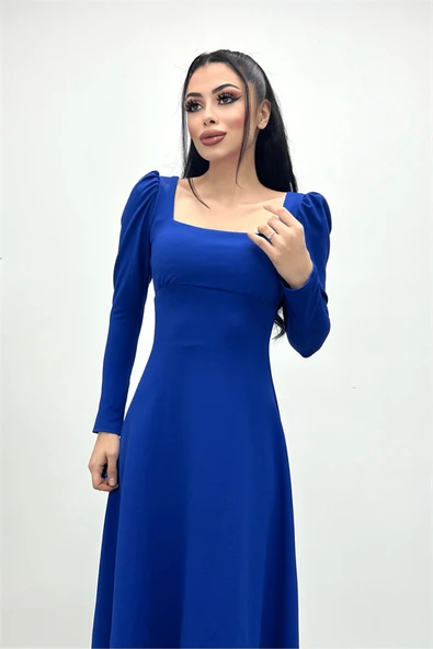 Krep Kumaş Kare Yaka Midi Elbise - Saks Mavisi