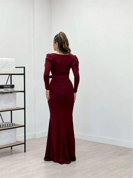 Pırıltılı Kumaş V Yaka Balık Elbise - BORDO - 5