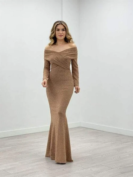 Pırıltı Kumaş Kayık Yaka Balık Elbise - GOLD
