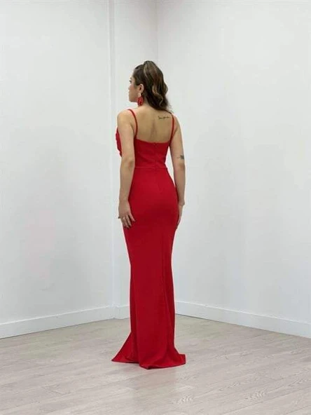 Krep Kumaş Degaje Yaka Askılı Elbise - KIRMIZI - 5