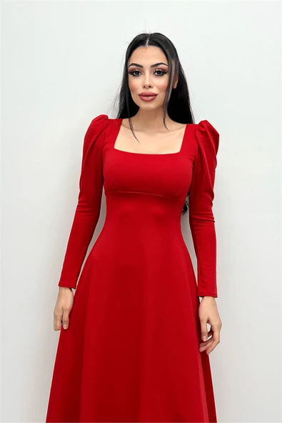 Krep Kumaş Kare Yaka Midi Elbise - Kırmızı