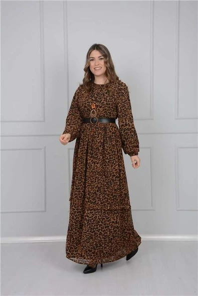 Kolye Detay Leopar Elbise - Kahverengi
