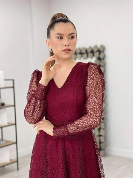 Dantel Kumaş V Yaka Midi Elbise - BORDO - 4