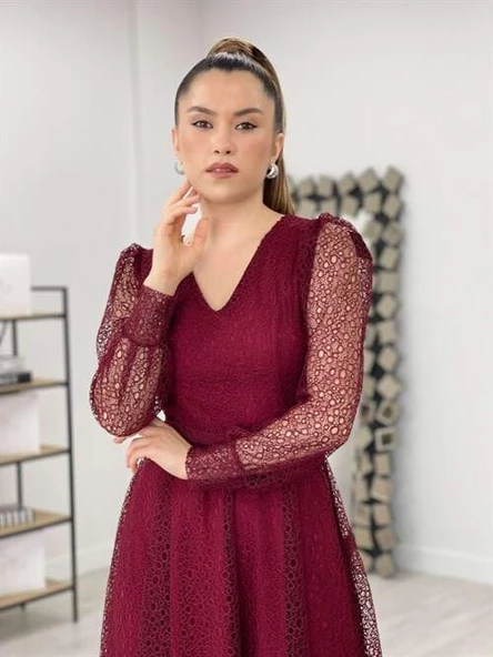 Dantel Kumaş V Yaka Midi Elbise - BORDO - 3