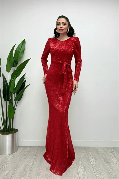 Tül Payet Kumaş Balık Abiye Elbise - KIRMIZI - Resim 3