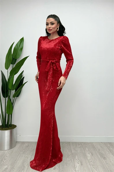 Tül Payet Kumaş Balık Abiye Elbise - KIRMIZI - Resim 4