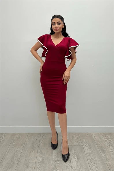 Crep Kumaş Volanlı Elbise - Bordo