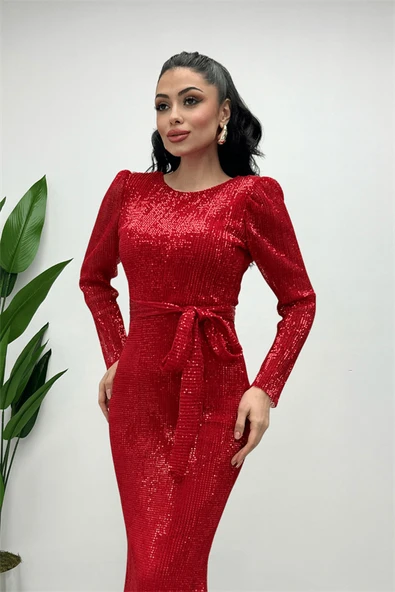 Tül Payet Kumaş Balık Abiye Elbise - KIRMIZI - Resim 2